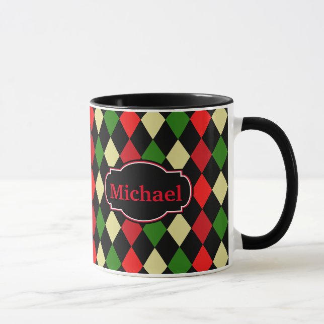 Caneca Padrão Geométrico Holiday Harlequin com Nome (Direita)