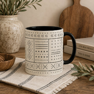 Caneca Padrão Geométrico Tribal Marfim Preto Boho Moder
