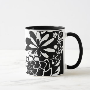 Caneca Padrão Gráfico do Jardim Floral Negro e Branco