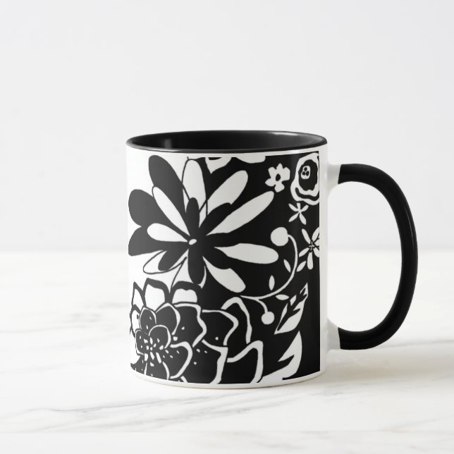 Caneca Padrão Gráfico do Jardim Floral Negro e Branco (Direita)