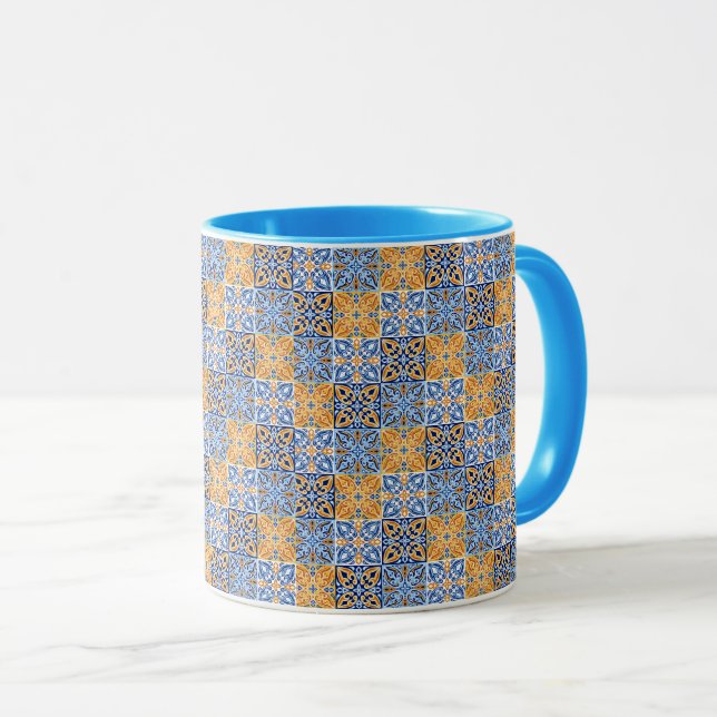 Caneca Padrão italiano azul e marrom elegante (Frente Esquerda)