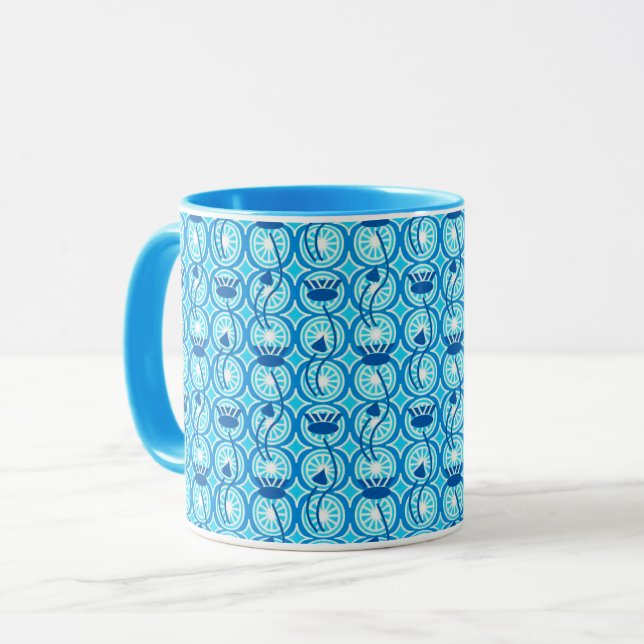 Caneca Padrão lotus egípcio, cobalto e turquesa (Frente Esquerda)