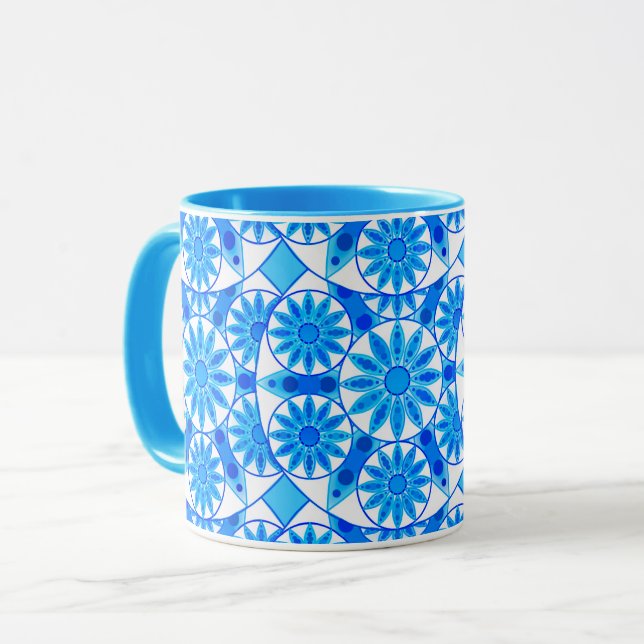 Caneca Padrão Mandala, Azul Cobalto, Turquesa e Branco (Frente Esquerda)
