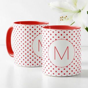 Caneca Padrão Moderno de Bolinhas Vermelhas Monograma Ini