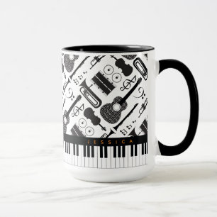 Caneca Padrão Moderno de Instrumentos Musicais de Preto e