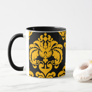 Caneca Padrão Ousado de Damasco Elegante Chic Amarelo e P