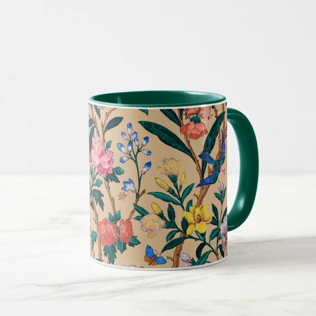 Caneca Padrão popular - pássaros, borboletas, abelhas... (Frente Esquerda)