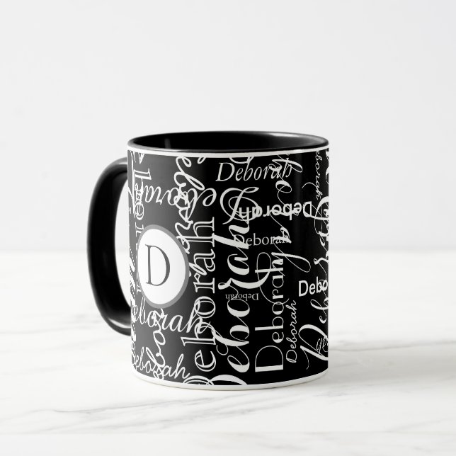 Caneca padrão preto de nome branco com monograma (Frente Esquerda)