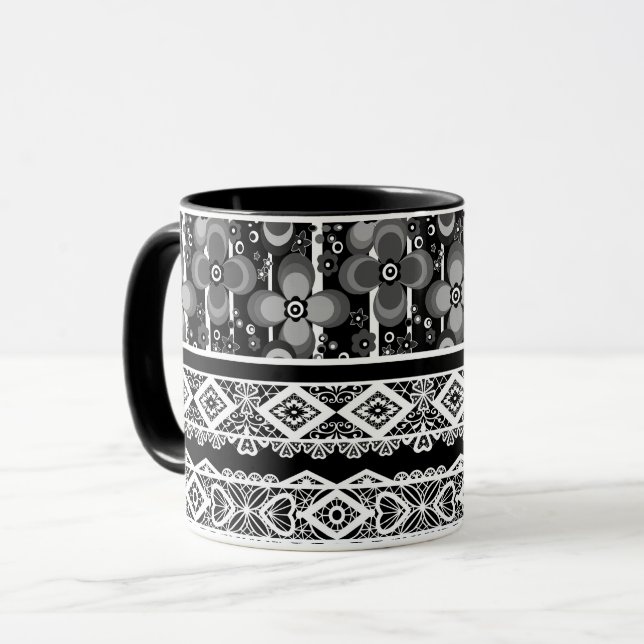 Caneca Padrão preto e branco com renda e patchwork (Frente Esquerda)