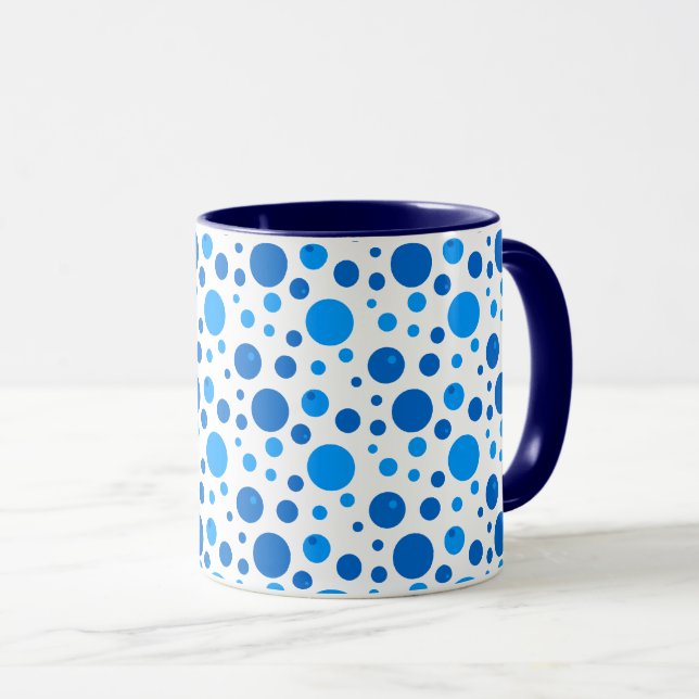 Caneca Padrão Retro de Bolinhas e Círculos em Azuis (Frente Esquerda)