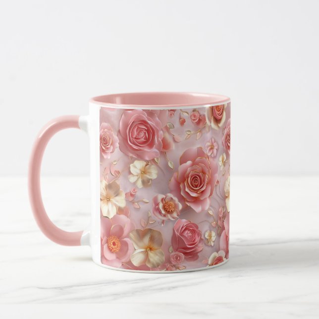 Caneca Padrão Romântico de Rosas rosa e creme (Esquerda)
