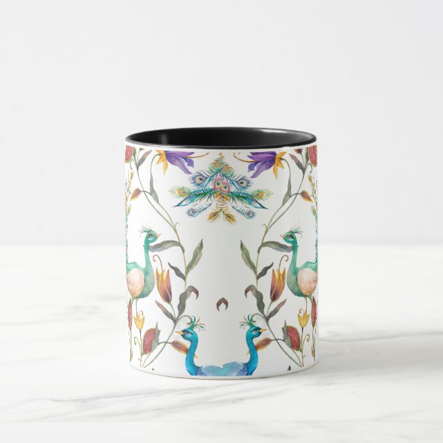 Caneca Padrão sem costura com pavão e flores (Centro)