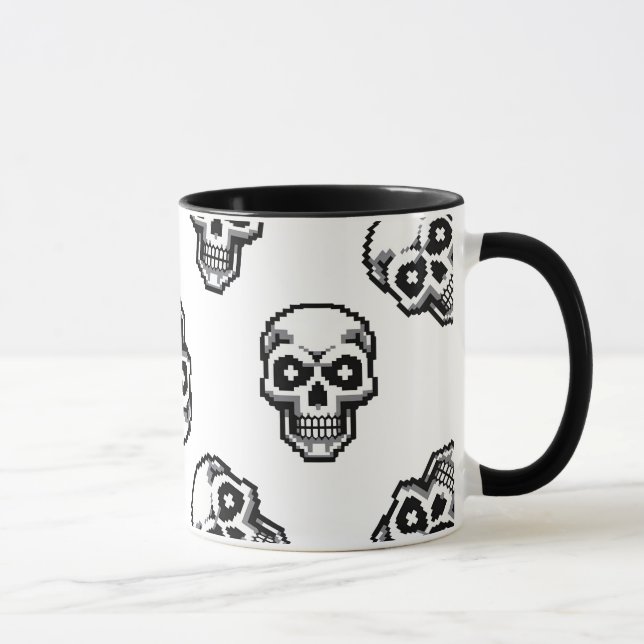 Caneca Padrão Simples de Caveira Pixelada Branca Clássica (Direita)