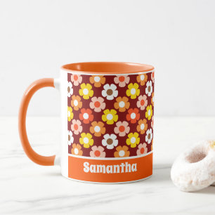Caneca Padrão Vermelho das Flores de outono de Retro