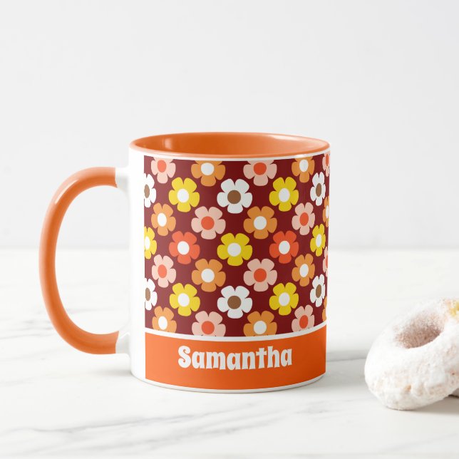 Caneca Padrão Vermelho das Flores de outono de Retro (Com Donut)
