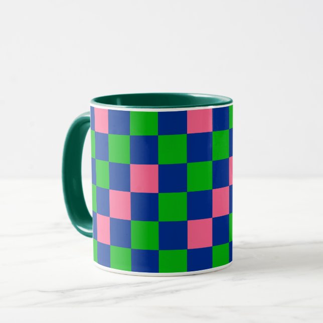 Caneca Padrão Xadrez Azul Verde Rosa Design  (Frente Esquerda)