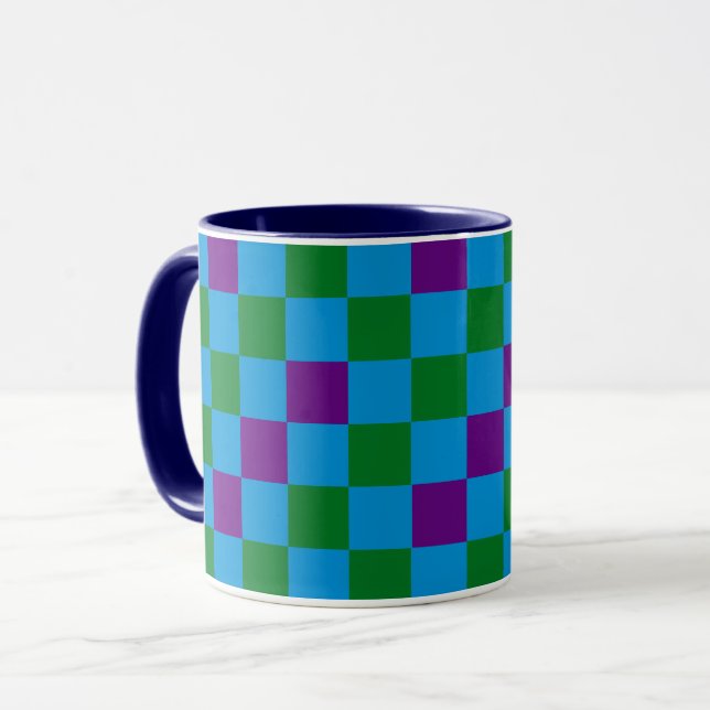 Caneca Padrão Xadrez Azul Verde Roxo Design  (Frente Esquerda)