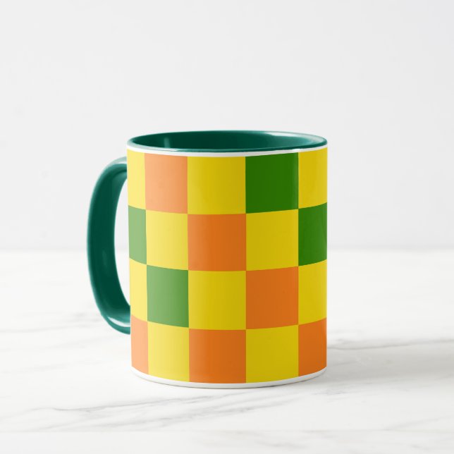 Caneca Padrão Xadrez Laranja Amarelo Verde Design  (Frente Esquerda)