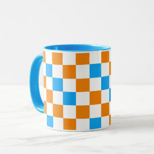 Caneca Padrão Xadrez Laranja Branco Azul Design