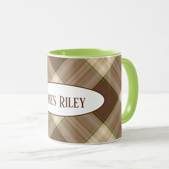 Caneca padrão xadrez marrom com nome (Frente Esquerda)