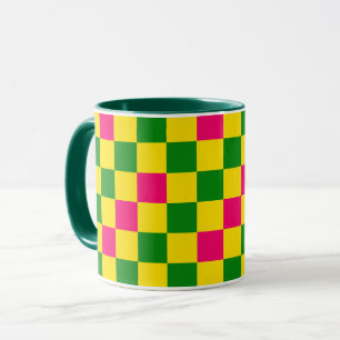 Caneca Padrão Xadrez Rosa Amarelo Verde Design 