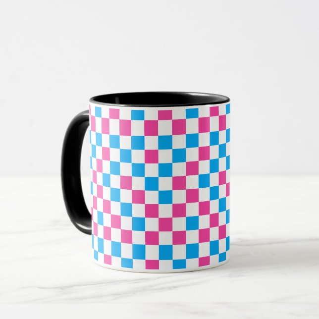 Caneca Padrão Xadrez Rosa Azul e Branco  (Frente Esquerda)