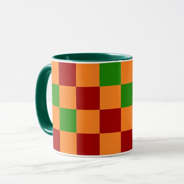Caneca Padrão Xadrez Vermelho Laranja Verde Design  (Frente Esquerda)