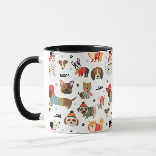 Caneca Padrões de Cães Festivos em Suéteres Feriados (Esquerda)