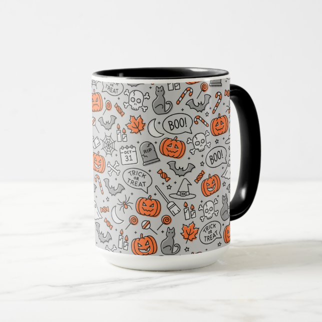Caneca Padrões de Doodle de Halloween para Crianças Bonit (Frente Esquerda)