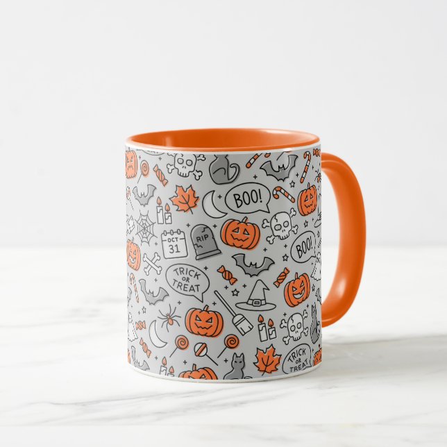 Caneca Padrões de Doodle de Halloween para Crianças Bonit (Frente Esquerda)