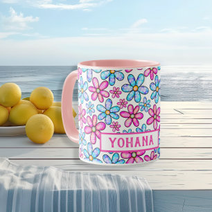 Caneca Padrões de margarida rosa e azul personalizados Ve