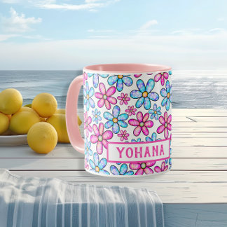 Caneca Padrões de margarida rosa e azul personalizados Ve