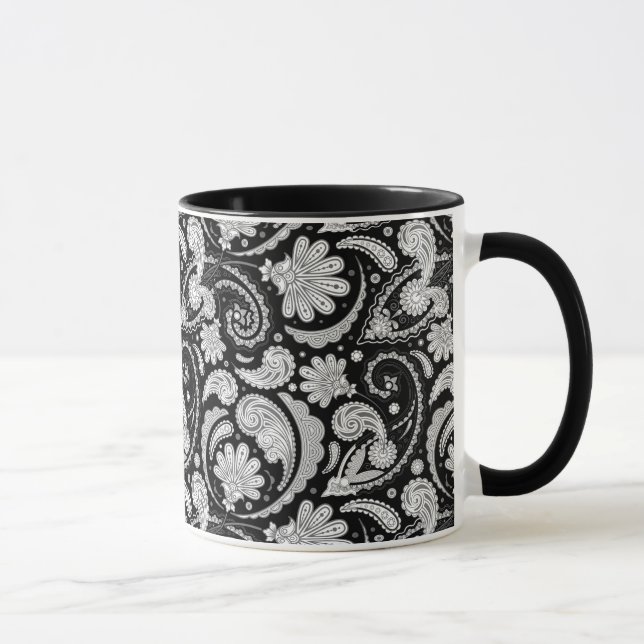 Caneca Padrões de paisley preto branco-branco-cômoda (Direita)