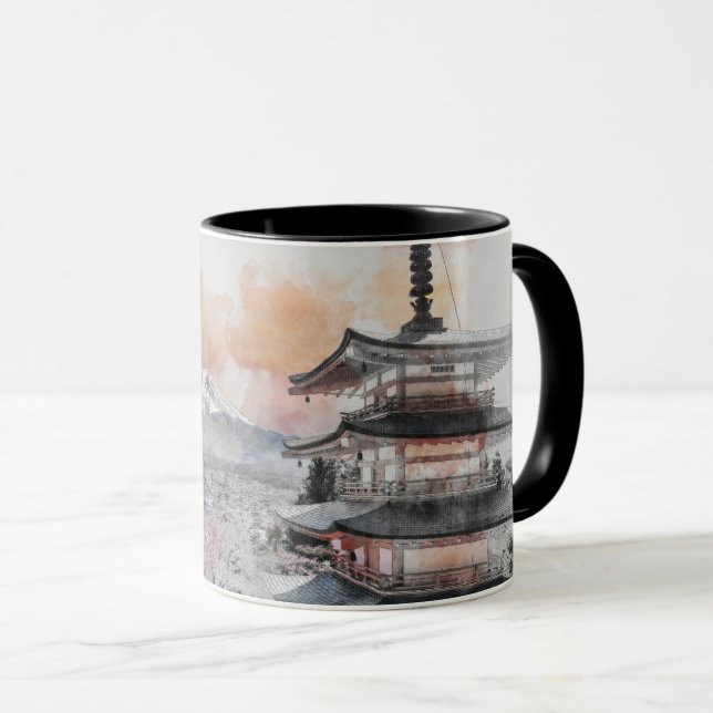 Caneca Pagode Japonesa em Aquarela & Fuji  (Frente Esquerda)