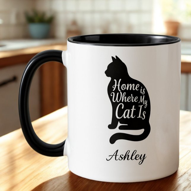 Caneca Pai do Gato Casa é Onde Meu Gato Está Silhueta (Home is where my cat is silhouette mug — cozy birthday gift idea for feline pet parents.)