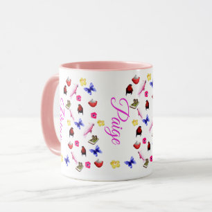 Caneca Paige, nome com coelhos, papagaios, borboletas,