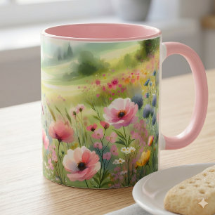 Caneca Paisagem de Prado de Flores Silvestres Pastel