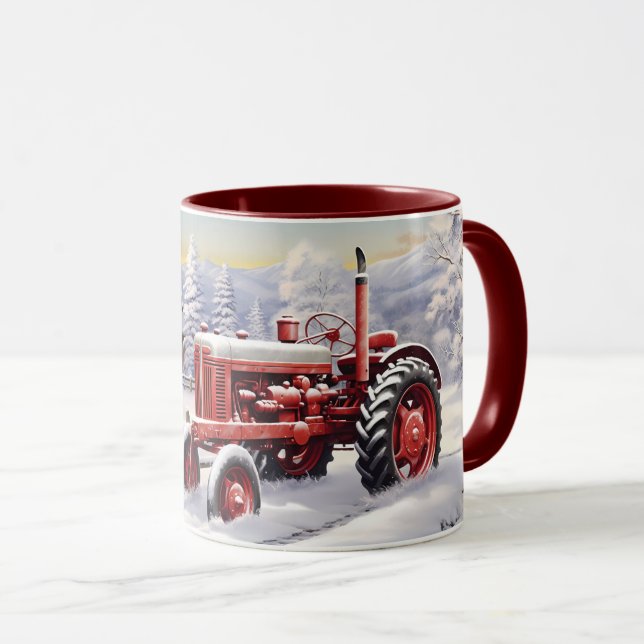 Caneca Paisagem fazenda do inverno do trator vermelho fre (Frente Esquerda)