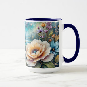 Caneca Paisagem florestal do rio Cosmos azul e damasco