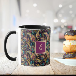 Caneca Paisley Vintage Look Black Purple Monogram Initial