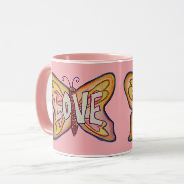 Caneca Palavra de amor Arte Rosa Asas-borboletas Café Xíc (Frente Esquerda)