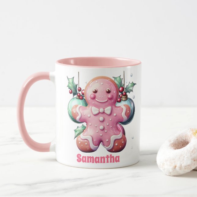 Caneca Pão de Gengibre Rosa Natal Crianças Chocolate Quen (Com Donut)