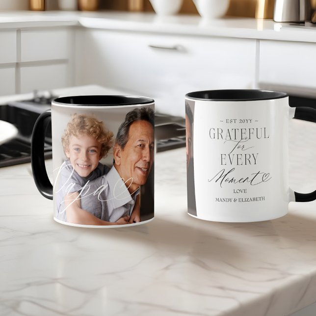 Caneca Papa Script Heart Grateful para fotos a cada momen (Papa Script Heart Grateful for Every Moment Photo Mug)