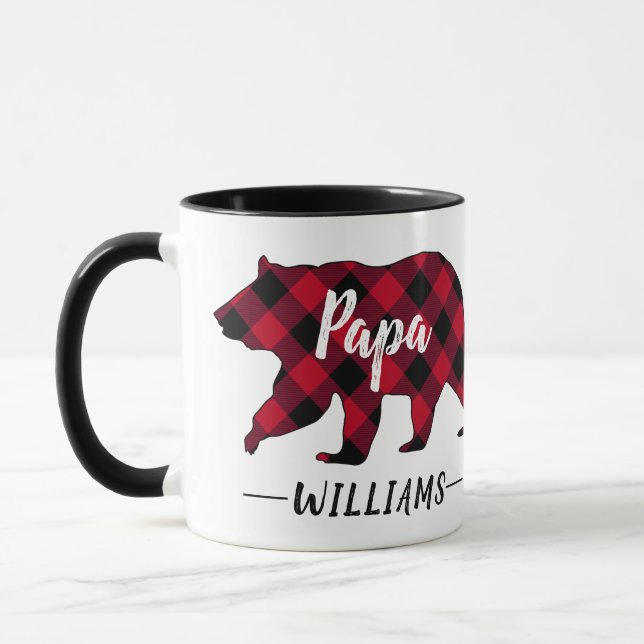 Caneca Papa Urso Rústico Nome Monograma Xadrez Vermelha B (Esquerda)