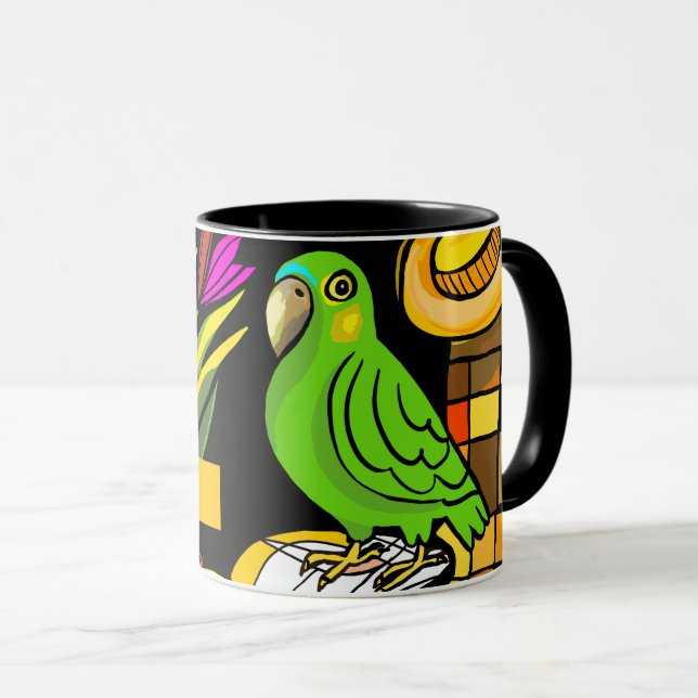 Caneca Papagaio verde com laranja e amarelo (Frente Esquerda)