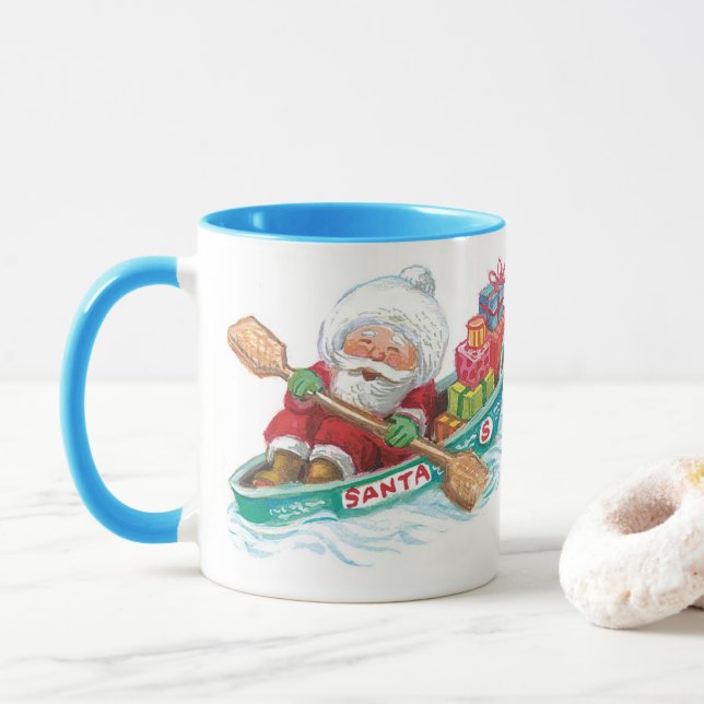 Caneca Papai Noel Alegre Desenho Animado Fofo em um Barco (Com Donut)