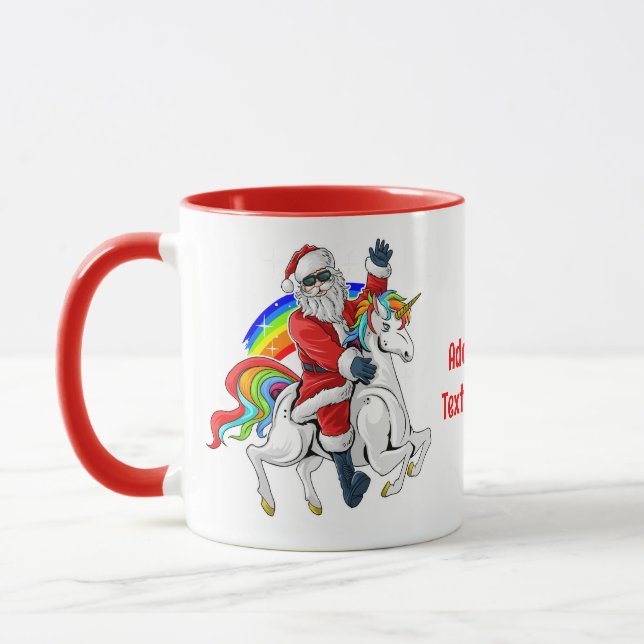 Caneca Papai Noel de Natal Montando Unicórnio Arco-íris d (Esquerda)