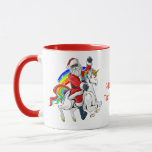 Caneca Papai Noel de Natal Montando Unicórnio Arco-íris N