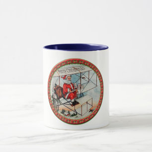 Caneca Papai noel do Natal que voa um avião velho
