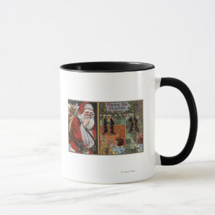 Caneca Papai noel e miúdos que olham acima a chaminé